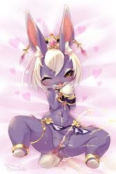 2021 alotie amber_eyes anklet anthro anus bedding bedding_background blush bodily_fluids bottomwear bracelet bunny_girl caravan_stories choker clothing cotora female fur gem genital_fluids genitals hair headdress heart hi_res high-angle_view inner_ear_fluff jewelry kemono lagomorph legband leporid loincloth looking_at_viewer mammal monster_girl navel necklace one_eye_closed open_mouth peeing purple_body purple_fur pussy rabbit rabbit_girl signature solo spread_legs spreading tuft urine urine_stream watersports white_body white_fur white_hair