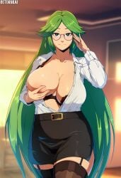 ai_generated belt black_belt black_bra black_garter_straps black_skirt bra_slip breast_grab breast_lift breasts_out classroom dress_shirt female glasses gold_buckle green_eyes green_hair heavy_breasts inviting_to_sex inviting_viewer kid_icarus kotobukai lace lace_bra large_breasts milf nintendo nipple_slip palutena sagging_breasts seductive_look skirt teacher thighhighs tight_clothing unbuttoned white_dress_shirt