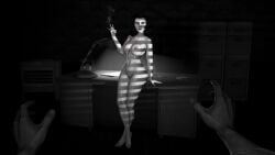 1boy 1girls 3d bioshock bioshock_infinite black_and_white blue_eyes burial_at_sea busty desk elizabeth_comstock female female_focus garryswood hourglass_figure lipstick long_hair makeup male monochrome office smoking smoking_cigarette tagme variant_set wide_hips