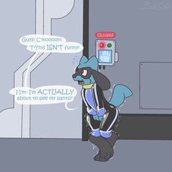 1:1 anthro canid canine clothing english_text hi_res holding_crotch latex_clothing male mammal nintendo omorashi pokémon_(species) pokemon potty_dance riolu ritzcat rubber rubber_clothing rubber_suit shaking so_close_yet_so_far solo story story_at_source story_in_description text trembling video_games