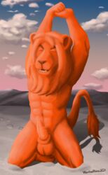 abs anatomically_correct anatomically_correct_genitalia anatomically_correct_penis animal_genitalia animal_penis anthro arms_above_head athletic athletic_anthro athletic_male balls clay closed_eyes cloud desert erection eyebrows fangs feet felid feline_penis footprints genitals goo_creature hi_res kneeling lion male mammal mane morning morning_wood mountain muscular muscular_anthro muscular_male orange_body outside pantherine penis sand shaded sky smile solo stretching sunrise tail_tuft teeth teeth_showing tuft wontonrhino