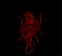 1_eye animal_humanoid areola bioluminescence black_and_red black_sclera bubble cephalopod cephalopod_humanoid darkness deity eldritch_horror female floating genitals glowing hi_res horizontal_pupils humanoid looking_at_viewer marine marine_humanoid mollusk mollusk_humanoid monochrome mouthless nipples nude pupils pussy red_body red_eyes rhodaab solo taraelblackwing tentacle teratophilia translucent translucent_body underwater vein water