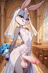 1boy ai_generated arms_behind_back balls bugs_bunny bunny bunny_boy church church_interior crossdressing crossdressing_male dripping_precum erection eyelashes femboy gay gloves holding_object indoors looney_tunes makeup penis rabbit rabbit_boy rabbit_ears self_upload skin_tight standing wedding_dress wedding_veil wide_hips yaoi zelum_vulpis