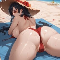 ai_generated areola_slip areolae beach bikini bikini_bottom bikini_top black_hair cameltoe hat large_ass large_breasts large_butt large_thighs mature mature_female mature_woman milf motherly_figure posing raven_branwen red_hair rwby solo solo_female solo_focus straw_hat sun_hat sunglasses tagme thick thick_ass thick_thighs twistedpeach