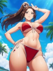 2025 ai_generated beach_background belly brown_eyebrows brown_eyes_female brown_ponytail female_only golden_earrings hand_on_head hand_on_hip instagram king_of_fighters looking_down_at_viewer mai_shiranui mature_female meta pink_lips red_bikini salute snk tummy unknown_artist