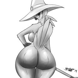 1:1 2014 anthro ass avian beak big_butt bird breasts clothing feathers female genitals ginette_cerise_(girokett) girokett hand_on_hip hat headgear headwear monochrome nude owl pussy raised_tail rear_view side_boob signature simple_background solo standing tail_feathers white_background wizard_hat