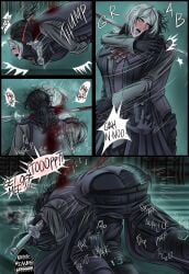 1boy 1girls blood bloodborne boots captured captured_heroine clothed_sex comic dark-skinned_male dark_hair dark_skin defeated defeated_heroine doggy_style doujinshi face_down_ass_up fromsoftware gloves grabbing grabbing_from_behind hug hunter_(bloodborne) iiimp lady_maria_of_the_astral_clocktower light-skinned_female looking_pleasured mature_female monster_rape pale-skinned_female pale_skin pinned_down ponytail possessed possession rape red_eyes restrained ripped_clothes ripped_clothing ripped_pants sex sex_from_behind slim_waist stab stabbed struggling sword torn_clothes torn_clothing torn_pants vaginal_penetration white_eyes white_hair