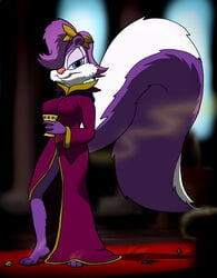 2012 anthro blurred_background clothing crush death female fifi_la_fume filthy fur hi_res holding_goblet huge_tail looking_at_viewer mammal mephitid micro nipple_outline pheromones pinned purple_body purple_clothing purple_fur robe skunk smooth_skin snuff tiny_toon_adventures underfoot visible_stench warner_brothers xtreme7