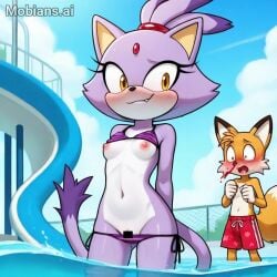 1boy 2025 ai_generated bikini bikini_down bikini_lift blaze_the_cat censor_bar censored fang female furry in_water nipples nosebleed outdoors partially_submerged pool public_exposure public_nudity shocked side_tie_bikini small_breasts smirk sonic_(series) stable_diffusion swimming_trunks swimsuit tails_the_fox water_slide watermark
