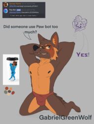 :3 absurd_res anthro biceps biped black_nose blue_eyes brown_body brown_ears brown_fur brown_hair brown_inner_ear bulge cheek_tuft chest_tuft clothed clothing color_swatch cute_fangs detailed_bulge dialogue discord_(app) english_text eyewear facial_tuft fangs feet fur gabrielgreenwolf glasses green_eyes grey_background grin hagenhyena_(character) hair hi_res hyaenid inner_ear_fluff kneeling looking_aside looking_back male mammal meme mostly_nude multicolored_body multicolored_fur nipples orange_body orange_fur orange_inner_ear partially_clothed pose presenting_bulge red_clothing red_underwear screencap simple_background smile solo teeth text topless tuft two_tone_inner_ear underwear watermark