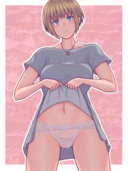 1girls belly belly_button blonde_eyebrows blonde_female blonde_hair blonde_hair_female blouse blouse_lift blue_eyes blue_eyes_female digital digital_art digital_drawing digital_drawing_(artwork) digital_media digital_media_(artwork) elbows enen_no_shouboutai exposing exposing_pussy exposing_self eyebrows_visible_through_hair female female_focus female_only fingers fire_force groin head_tilt high_resolution highres inguinal_crease inguinal_ligament lace_panties lace_underwear laced_panties laced_underwear lean_figure lips looking_at_viewer looking_down looking_down_at_viewer midriff narrow_waist navel necklace nervous nervous_expression nervous_face nervous_female panties pink_background pixiv_id_21451697 ribbon_panties short_hair shoulders showing_pussy shy shy_expression simple_background sister_iris_(enen_no_shouboutai) sister_iris_(fire_force) slender_body slender_waist slim_waist solo standing thigh_gap thighs tilted_head underwear upper_body white_panties white_underwear yellow_eyebrows yellow_hair yellow_hair_female