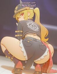 1futa 2025 ai_generated artist_name baseball_cap blonde_hair boots futanari hat hi_res high_quality high_resolution highres long_hair luciana_de_montefio novalust patreon patreon_username ponytail red_eyes shorts solo squatting stable_diffusion watermark zenless_zone_zero