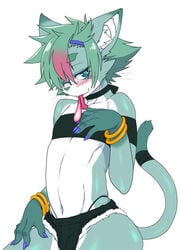 anthro blush bottomwear bulge clothed clothing condom condom_in_mouth countershading crossdressing cutoffs denim denim_clothing domestic_cat felid feline felis filled_condom fur girly green_body green_fur green_hair hair hi_res inner_ear_fluff kemono looking_at_viewer male mammal nakagami_takashi seiji_(nakagami_takashi) sexual_barrier_device shorts simple_background solo tuft whiskers white_background white_body white_countershading