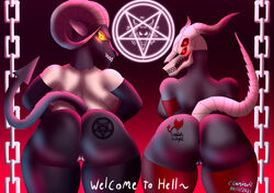 2021 4_eyes anthro anus ass baphomet_(deity) bovid breasts capra_demon caprine caprine_demon cobalt_canine dark_souls deity demon duo female fromsoftware genitals goat goat_demon grin horn looking_at_viewer looking_back looking_back_at_viewer mammal monster_girl multi_eye nightmare_waifu pentagram pussy sharp_teeth skull_head smile spade_tail teeth yellow_eyes