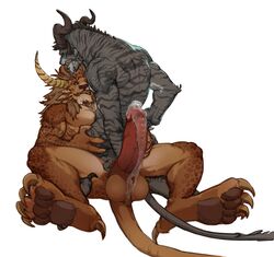 4_ears 4_horns absurd_res animal_genitalia anthro anthro_on_anthro ball_tuft balls big_balls big_penis bodily_fluids charr chest_tuft duo ear_piercing ear_ring erection excessive_precum felid fur genital_fluids genitals guild_wars hair heel_claw hi_res horn imminent_sex male male/male mammal mane mane_hair multi_ear multi_horn muscular muscular_male nude penis piercing precum sheath spots spotted_body spotted_fur striped_body striped_fur stripes suchmim teeth tuft vein veiny_penis video_games