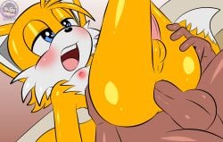 2_tails absurd_res anal anal_sex anthro anthro_penetrated balls big_penis blue_eyes canid canine dark_body dark_skin duo erection femboy fox fur genitals half-closed_eyes hand_on_butt hi_res human male male/male male_penetrated male_penetrating male_penetrating_anthro male_penetrating_male mammal multi_tail narrowed_eyes nipples open_mouth penetration penis sega sex sirjzau sonic_the_hedgehog_(series) tail tails tongue yellow_body yellow_fur