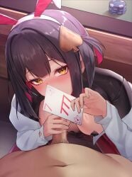 1boy absurdres animal_ears ars_rg0412 black_hair black_shrug blush breasts brown_eyes card censored colored_inner_hair commentary_request erection fake_animal_ears fellatio female goddess_of_victory:_nikke hair_ornament highres hiphighs holding holding_card long_sleeves looking_at_viewer male_pubic_hair medium_breasts mosaic_censoring multicolored_hair oral paid_reward_available penis playing_card poker_chip pov pubic_hair rabbit_ears red_hair red_hiphighs reverse_bunnysuit reverse_outfit rouge_(nikke) rouge_(unlucky_rabbit)_(nikke) shirt shrug_(clothing) spade_(shape) spade_pasties white_shirt