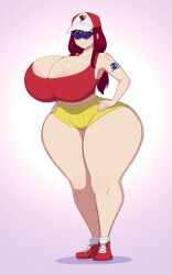 deztyle erza_scarlet fairy_tail huge_breasts red_hair red_hat red_tank_top shades shorts tagme thick_thighs wide_hips