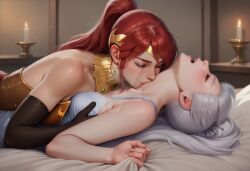 2girls ai_generated pyrrha_nikos red_eyes rwby weiss_schnee white_hair yuri