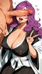 ai_generated big_breasts big_penis bleach:_the_thousand-year_blood_war cleavage cock_worship electronics hikifune_kirio huge_breasts long_hair on_knees peace_sign purple_hair