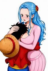 1boy 1girls ai_generated big_breasts blue_hair hugging monkey_d_luffy nefertari_vivi one_piece surprised_expression unknown_artist