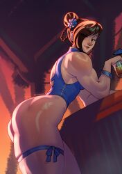 1girls ass bar_stool brown_hair capcom chun-li female female_only fit fit_female hair_bun hi_res looking_at_viewer playzholder shaded smiling smiling_at_viewer solo street_fighter street_fighter_6 swimsuit thick_ass thick_thighs thigh_squish thigh_strap toned toned_female