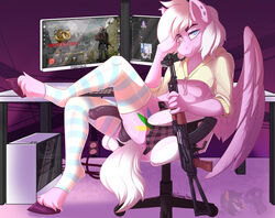 animal_humanoid anthro bottomwear chair clothing computer computer_keyboard computer_monitor computer_mouse computer_screen equid equid_humanoid equine equine_humanoid erection_under_skirt fan_character furniture genitals girly gun hoodie horse humanoid male mammal mammal_humanoid pony ranged_weapon sitting sitting_on_chair skirt solo spoopy-abby topwear tubswubadubs weapon