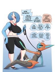 2021 absurd_res ballbusting big_breasts black_bottomwear black_clothing black_sclera black_topwear blue_body blue_hair bottomwear breasts clothed clothing collar curvy_figure deoxys dialogue dominant dominant_female duo english_text feet female female_gardevoir female_pokemon femdom foot_fetish foot_play footjob gardevoir genitals hair hi_res huge_breasts humanoid humanoid_feet humiliation leash legendary_pokemon looking_down male male/female nintendo nude penis pokémon_(species) pokemon pokemon_(species) pokemon_rse red_eyes saltyxodium sex sitting speech_bubble speed_forme_deoxys submissive submissive_male text topwear video_games white_body wounded yellow_eyes