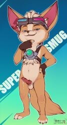 animal_genitalia animal_penis anthro balls bodily_fluids canid canine canine_genitalia canine_penis canis chip_(mlbb) clothing digital_media_(artwork) electronics english_text erection eyewear eyewear_on_head feet fennec_fox fingerless_gloves fingers fox fur genital_fluids genitals gloves goggles goggles_on_head hair handwear harness hi_res knot knotted_penis leaking_precum looking_at_viewer male mammal mobile_legends narrowed_eyes navel neko-me penis precum precum_on_penis precum_string sheath simple_background smile smug smug_face solo standing tail text toes true_fox