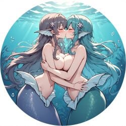 2girls ai_generated blue_scales brown_hair bubbles female_only flower_in_hair green_scales kissing large_breasts married_couple mermaid monster_girl naked_female romantic_couple turquoise_hair underwater wavy_hair wife_and_wife yuri
