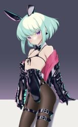 1boy alternate_version_available androgynous bikini bikini_top blush bob_cut bulge bunny_ears burrrntlemon crossdressing fake_animal_ears femboy femboy_only jacket lio_fotia looking_at_viewer male petite petite_body petite_male promare short_hair slim slim_male slim_waist solo thigh_strap tight_clothing trap twink