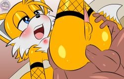 2_tails absurd_res anal anal_sex anthro anthro_penetrated balls big_penis blue_eyes canid canine clothing dark_body dark_skin duo erection femboy fishnet_clothing fishnet_legwear fox fur genitals half-closed_eyes hand_on_butt hi_res human legwear male male/male male_penetrated male_penetrating male_penetrating_anthro male_penetrating_male mammal multi_tail narrowed_eyes nipples open_mouth penetration penis sega sex sirjzau sonic_the_hedgehog_(series) tail tails tongue yellow_body yellow_fur