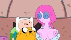 1girls 2boys adventure_time breasts cartoon_network edit editorl female finn_the_human glasses huge_breasts jake_the_dog male nipples overflowing_breasts pink_body princess_bubblegum round_glasses screencap screenshot screenshot_edit tagme