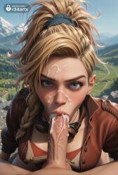1boy 1boy1girl 1girls ai_generated blonde_hair blowjob blue_eyes blurry blurry_background braid breasts brown_jacket cum cum_in_mouth cum_in_nose cum_on_penis day erection facial fellatio gemma_(monster_hunter_wilds) goggles goggles_around_neck gumroad_username hair_ornament hair_scrunchie hi_res jacket large_breasts large_penis leather leather_jacket lips long_hair looking_at_viewer monster_hunter monster_hunter_wilds mountain nose open_clothes open_jacket oral outdoors patreon_logo patreon_username penis ponytail pov pov_crotch pubic_hair r34arts realistic scrunchie solo_focus straight twitter_logo uncensored veins veiny_penis