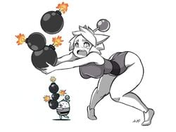 ass bent_over bomb bombercat bomberman breasts crossover crying cute elquijote female female_only full_body humanized large_ass large_breasts leotard monochrome tagme taut_clothes the_battle_cats thick_thighs wide_hips