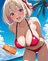 2025 ai_generated beach_background belly black_dot_eyes hand_on_sunscreen holding_sunscreen instagram looking_at_viewer meta open_mouth open_mouth_smile pekoillust red_bikini red_cheeks red_eyes_female red_tie smile_at_viewer smiling_at_viewer tummy unknown_character wet_body white_hair_female