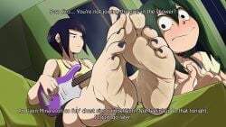 2d 2d_(artwork) 2d_artwork 2girls 5_toes barefoot boku_no_hero_academia clothed clothed_female clothing dialogue english english_dialogue english_text feet female female_only foot_fetish foot_focus kiryu-sketchbook kyoka_jiro light-skinned_female light_skin my_hero_academia no_penetration no_sex soles sweat sweatdrop sweating sweaty sweaty_feet text toenails toes tsuyu_asui