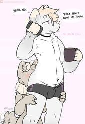 ambiguous_gender anal anthro blush bodily_fluids bottomwear brown_body brown_fur bulge canid clothing coffee_mug dialogue didelphid duo english_text eyewear fur glasses grey_body grey_fur hi_res male male/ambiguous mammal marsupial morning niccu nicopossum oral phone phone_call pink_eyes rimming sex shorts sweat tail_motion tailwag text