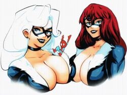1boy 1boy2girls 2026 2girls alluring animated big_breasts black_cat_(cosplay) black_cat_(marvel) black_lipstick blue_eyes bodysuit bouncing bouncing_breasts breasts bursting_breasts choker cleavage collar curvaceous curvaceous_body curvaceous_female curvaceous_figure curvy curvy_body curvy_female curvy_figure domino_mask enticing eyemask felicia_hardy female gif green_eyes huge_breasts jiggling_breasts jumping large_breasts light-skinned_female light_skin looking_at_viewer male marvel marvel_comics mary_jane_watson mask masked masked_female masked_male massive_breasts peter_parker red_hair seducing seductive seductive_look skin_tight sonchapo spider-man spider-man_(series) teasing teasing_viewer temptation tempting tempting_viewer thick thick_breasts tight_clothes tight_clothing voluptuous voluptuous_female white_background white_hair