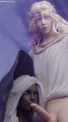 1boy 1girls 3d 3d_(artwork) blender blender_(software) blender_cycles blonde_hair blowjob clothed clothed_sex dark-skinned_female desess3intes elden_ring elden_ring_nightreign fellatio female femboy kissing_penis long_hair miquella miquella_the_kind purple_iris recluse_(nightreign) render shadow_of_the_erdtree tagme twink white_hair witch witch_hat yellow_eyes