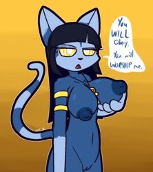 2021 anthro armlet big_breasts big_nipples black_hair black_nose blue_body blue_fur blue_inner_ear breasts cleo_(mr_rottson) cute_fangs dialogue domestic_cat dominant dominant_anthro dominant_female felid feline felis female front_view frown fur genitals gloves_(marking) hair hand_on_breast hypnosis hypnotizing_viewer jewelry long_hair looking_at_viewer mammal markings mind_control necklace nipples nude peach_pussy pussy solo spiral_eyes striped_body striped_fur striped_markings striped_tail stripes tail_markings talking_to_viewer ultilix white_eyes yellow_eyes