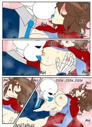 1boy 1boy1girl 1girls aniitaruiz blue_tongue blush breast_grab breasts breasts_out brown_hair color comic comic_page crossover dc dc_comics dubious_consent female frisk frisk_(undertale) grabbing grabbing_another&#039;s_breast grabbing_breasts heroine_in_trouble hi_res high_resolution highres kissing licking licking_belly licking_body licking_breast licking_breasts licking_nipples lifting_shirt light-skinned_female light_skin male male/female medium_hair moan moaning moaning_female moaning_in_pleasure moans nipple_lick nipple_licking nipples questionable_consent sans sans_(undertale) skeleton spanish_text supergirl_(cosplay) superhero superhero_costume superheroine superheroine_in_trouble tagme text text_bubble trying_to_resist undertale undertale_(series)