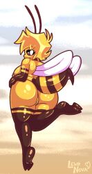 2022 2_toes abstract_background absurd_res antennae_(anatomy) anthro areola arthropod arthropod_abdomen artist_name ass back_rolls bee bettie_(imbynova) big_butt black_eyes blonde_hair brown_body cel_shading closed_smile digital_media_(artwork) eye_through_hair eyebrow_through_hair eyebrows eyelashes feet female full-length_portrait genitals hair hand_on_hip heart_symbol hi_res hymenopteran imbynova innie_pussy insect_wings insects lewdnova looking_at_viewer looking_back looking_back_at_viewer mouth_closed multicolored_body nude one_calf_up overweight overweight_anthro overweight_female portrait pupils pussy rear_view shaded smile stinger thick_thighs toes translucent translucent_hair two_tone_body white_pupils wings yellow_body