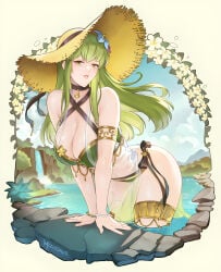 1girls armlet ass belly belly_button bent_over bikini breasts choker cleavage curvy curvy_female fire_emblem fire_emblem_echoes:_shadows_of_valentia fire_emblem_heroes green_bikini green_eyes green_hair hair_between_eyes hat huge_breasts inviting leaning_forward long_hair looking_at_viewer meziosaur palla_(fire_emblem) pov see-through_clothing smile solo stomach swimsuit thick_thighs thighs water
