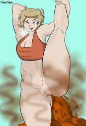 1girls blonde_hair brown_eyes fart_cloud female fetish hyper_scat koi(koidraws) large_thighs muscular_female oc relieved scat scat simple_background small_breasts storydelight tank_top