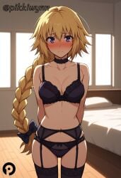 ai_generated arms_behind_back backlighting bangs bare_shoulders black_bra black_panties black_thighhighs blonde_hair blush bow bra braid braided_ponytail breasts choker cleavage closed_mouth collarbone fate/apocrypha fate/grand_order fate_(series) female garter_belt hairbow jeanne_d'arc_(fate) large_breasts lingerie long_hair looking_at_viewer navel panties pikkiwynn purple_eyes single_braid solo thighhighs thighs underwear underwear_only very_long_hair