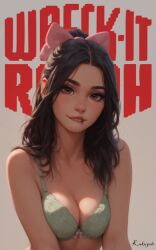 1girls ai_generated biting_lip bow brown_hair cleavage female female_focus female_only lingerie no_nude ponytail teenager vanellope_von_schweetz