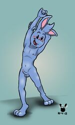 animal_humanoid anthro balls blue_body blush cottontailjack erection genitals head_tuft hi_res humanoid humanoid_genitalia inner_ear_fluff lagomorph lagomorph_humanoid leporid_humanoid looking_at_viewer male mammal mammal_humanoid nicecream_man nipples nude open_mouth penis pink_nipples pink_nose pose rabbit_humanoid raised_arm simple_background solo tuft undertale undertale_(series) video_games