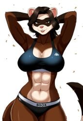 abs ai_generated animal_ears animal_nose anthro anthro_only arms_up athletic_clothing brown_eyes brown_fur brown_hair cleavage domestic_ferret exposed_shoulders eyelashes female_focus ferret ferret_girl furry furry_breasts furry_female furry_only hands_behind_head large_breasts majorfluffy mature_anthro mature_female midriff milf muscle muscular muscular_anthro muscular_female narrow_hips narrow_waist novelai rodent smile solo solo_anthro solo_female tagme thick_bottom_lip thick_thighs thighs two_tone_body two_tone_fur white_background white_fur