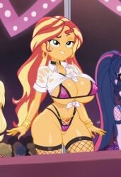 crotchless_panties equestria_girls gold_jewelry my_little_pony striped_hair stripper_clothes sunset_shimmer